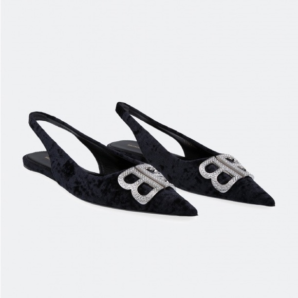 BALENCIAGA Knife Logo-Embellished Crushed-Velvet Point-Toe Flats | 39.5 - Picture 1 of 7